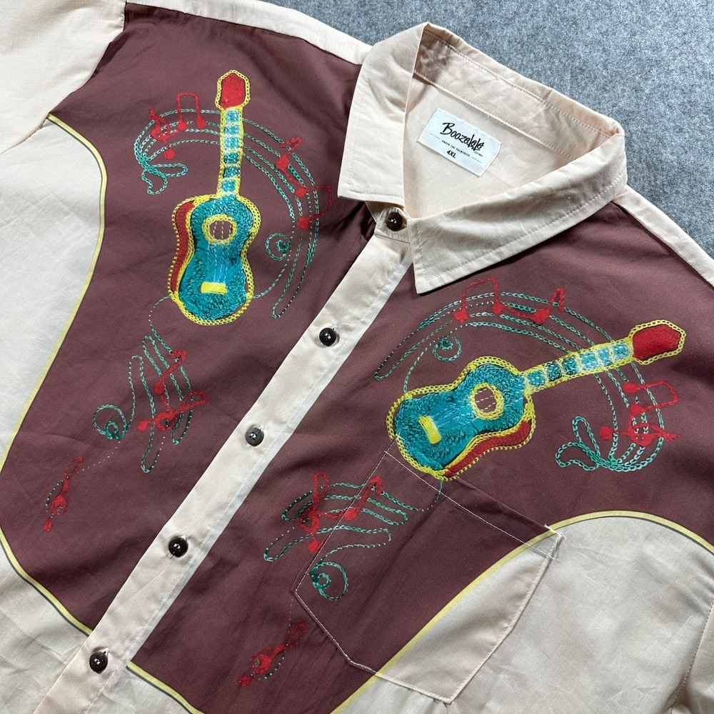 Boozelele Western Shirt Mens 4XL Beige Brown Embroidered Guitar Rockabilly Tiki